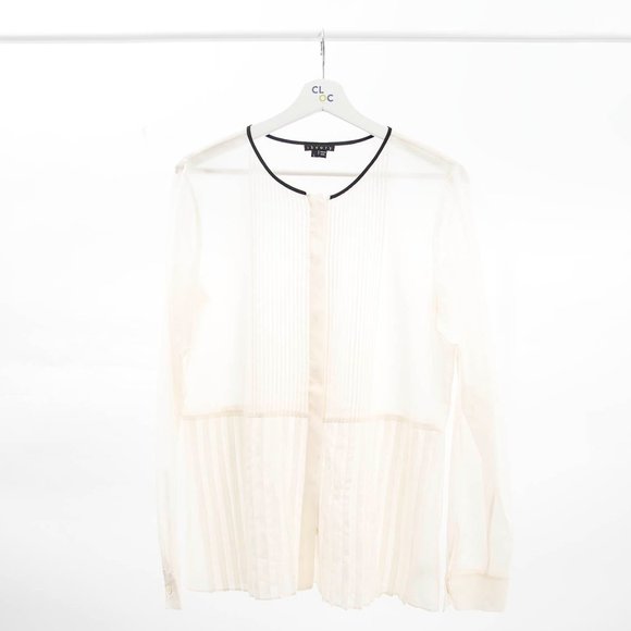 Theory Sheer Pintuck Blouse with Black Trim - Picture 1 of 3